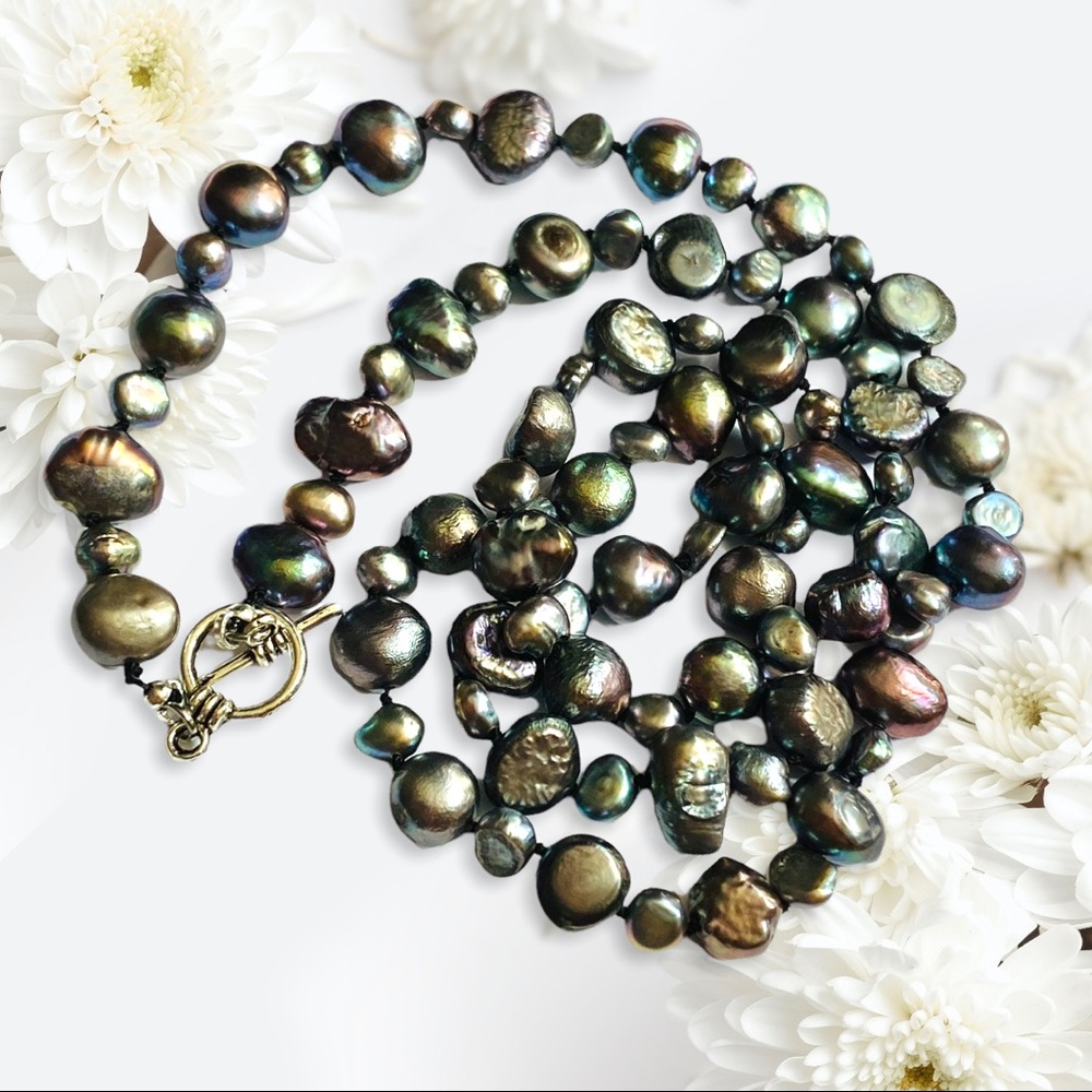 Hand Crafted Pearls Freshwater Necklace Silver Peacock Long Hand Knotted Silk - Picture 5 of 8